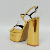 Chaussures à talons hauts épais dorés et argentés à plateforme et bout carré imperméables